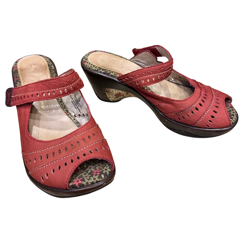 Jambu Touring Red Leather Wedge Sandals Laser Cut Floral Mule 7M Feminine Boho